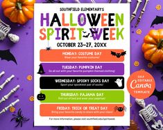 a halloween spirit week flyer with pumpkins and skeletons on purple background, surrounded by candy