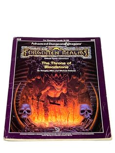 the front cover of an adventure book with skulls on it and a demon in flames