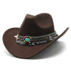 Brown Western Cowboy, Cowgirl Hat, Bead Tassle Strap, Men Women Retro Wide Brim Bohemian Brown Felt Hat For Winter, Brown Wide Brim Beaded Hat, Beaded Brown Wide Brim Hat, Brown Beaded Wide Brim Hat, Western Brown Beaded Hat, Western Style Brown Beaded Hat, Brown Cowgirl Hat, Woolen Tops, Outdoor Cap