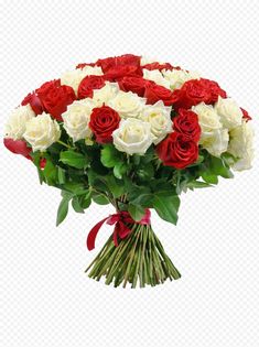 a bouquet of red and white roses in a vase, with a bow on the side