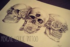 three skulls with roses on their foreheads and the words abgital house tattoo