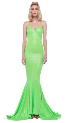 LOW BACK SLIP FISHTAIL GOWN – Neon Green – Norma Kamali Fishtail Gown, Norma Kamali, Low Back, Long Life, Neon Green, Criss Cross, Fit And Flare, Sequin, Mermaid