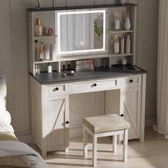 a white desk with a mirror, stool and shelf on it in a bedroom setting