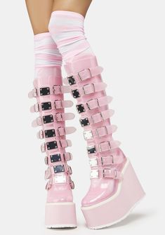 Free, fast shipping on Clear Baby Pink Trinity Boots at Dolls Kill, an online boutique for punk and alternative fashion. Shop Demonia shoes, platform boots, combat boots, creepers, and platform sneakers here. High Heel Stiefel, Womens High Boots, Gothic Boots, Punk Shoes, Platform Boots Chunky, Fabric Boots, Cosplay Boots, Pink Boots, Zipper Boots