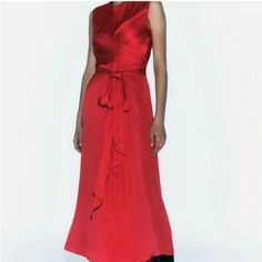 New With Tag Red A-line Ruched Dress, Red Ruched A-line Dress, Red Ruched Midi Dress For Formal Occasions, Formal Red Ruched Midi Dress, Red Sleeveless Silk Midi Dress, Red Silk A-line Midi Dress, Red Spring Gala Dresses, Red Silk Midi Dress For Gala, Red Silk Ruched Dress