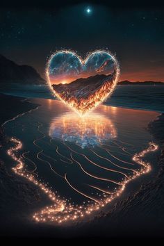 a heart - shaped object floating in the air over a body of water at night