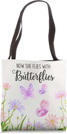 Amazon.com: Now She Flies With Butterflies Floral Sympathy Tote Bag : Clothing, Shoes & Jewelry Star Rating, Shoe Jewelry, Tote Bag, Floral