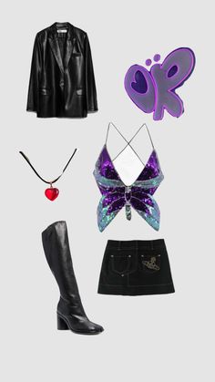 a woman's outfit and accessories including boots, jacket, necklace, bracelets