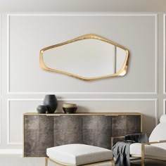 a living room scene with focus on the wall mirror and chair in the foreground