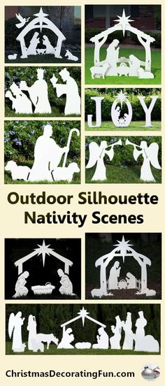 outdoor silhouette nativity scenes are shown in this collage with the words christmas decorating fun