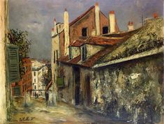 a painting of an alleyway with buildings in the background