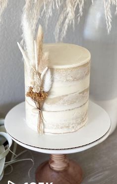 there is a white cake with feathers on the top and bottom, sitting on a plate