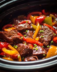 the meat and peppers are cooked in the slow cooker