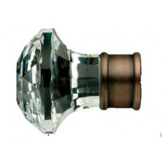 an image of a glass door knob with wood handle and crystal facets on it