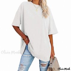 Olivia Mark - Oversized Relaxed Fit Drop Shoulder Round Neck Short Sleeve Top Summer Tunic Tops, Tunic Tops Summer, Shirts Oversized, Summer Tunic, Summer Tunics, Oversized T Shirts, Shirts Vintage, Sleeves Clothing, Loose Fitting Tops