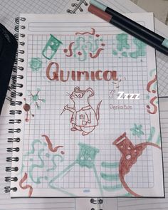 an open notebook with the word quimica on it and drawings in front of it