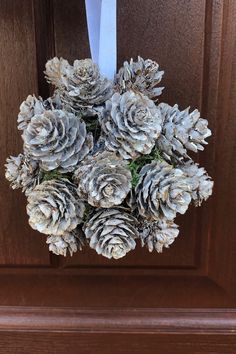 a bunch of pine cones hanging from a door