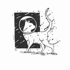 a black and white drawing of a dog in the rain