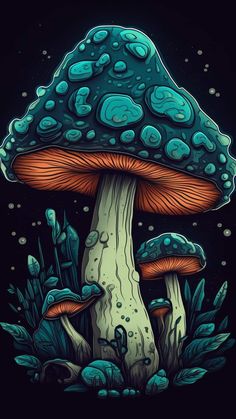 an image of a mushroom with blue and green mushrooms in the background on a black background