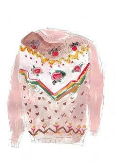 a drawing of a pink sweater with hearts and flowers on the chest, in pastel colors