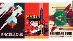 three posters with different types of space and the words mars, enceladus, the grand tour