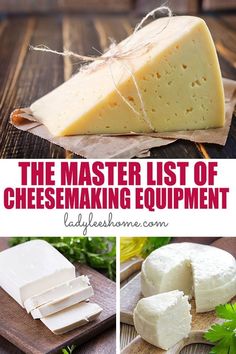 the master list of cheesemaking equipment is displayed on a wooden cutting board, with text overlay