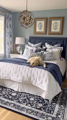 a dog laying on top of a bed in a room with blue and white decor