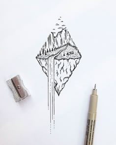 a drawing of a mountain with trees on it and water coming out of the top