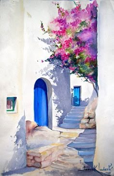 a painting of stairs leading up to a blue door with pink flowers on the outside