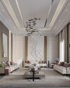 a living room with couches, tables and chandelier hanging from the ceiling