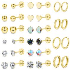 PRICES MAY VARY. Economical Earring Sets for Multiple Piercing--You can get 2 pairs hoop earrings,2 pairs huggie hoop earrings,12 pairs stud flatback earrings,includ CZ ,colorful CZ,opal,ball&heart shape surgical steel earrinngs, can be used as lobe earrings, cartilage earring or helix ear piercing jewelry, to meet any of your wearing needs. Surgical Steel Earrings--The Earrings are made of high quality 316L Stainless steel manufacturing, Pb&Cd release test passed,daily wear in any environment will not rust, nickel-free, non-allergic.Hypoallergenic for sensitive ears,inlaid with opal and AAA+ cubic zirconia, always shiny and lustrous. Comfy Hypoallergenic Earrings Set--Flat back Earrings,internally screw back stud earrings,safe and easy to wear,not loose or fall off,can be used as nap/slee Flatback Earrings, Lobe Earrings, Ear Piercings Helix, Ear Piercing Jewelry, Helix Ear, Earrings Cartilage, Sleeper Earrings, Surgical Steel Earrings, Flat Back Earrings