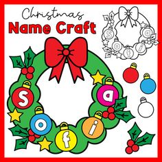 a christmas themed name craft with ornaments and baubles on the front, in red frame