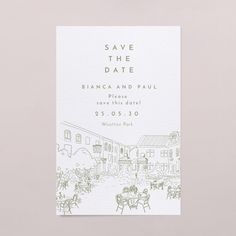 a save the date card with an image of people sitting at tables in front of buildings