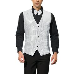 The Sleeveless v-neck, all-over sequin design, makes you unique in the crowd. This classic single-breasted party suit vest in slim tailoring perfectly shows your charm. This sequined waistcoat is matched with a bow tie, trousers, shirt, and blazer to build up a bright and handsome appearance. Suitable for multiple occasions, Father's Day, nightclubs, performance costumes, birthday parties, music festivals, Christmas, Halloween, role-playing, etc. Model Body Size: Height: 6'1", Chest: 38 2/8 inch Dress Suit Vest, Tuxedo Vest, Mens Suit Vest, Party Suits, Sequin Design, Dress Suit, Casual Vest, Gothic Dress, Suit Vest