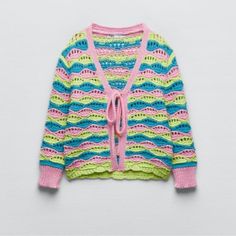 Zara Crochet Knit Sweater Nwt Pink Neon Green & Blue Multicolor Open Knit Spring Cardigan, Spring Multicolor Open Knit Cardigan, Trendy Pink Open Knit Cardigan, Pink Pointelle Knit Cardigan, Spring Multicolor Knitted Cardigan, Pink Knit Sweater For Summer, Summer Pink Knit Sweater, Zara Knit Cardigan For Spring, Summer Knitted Pink Sweater