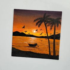 a painting of a sunset with birds flying over the water and a boat in the foreground