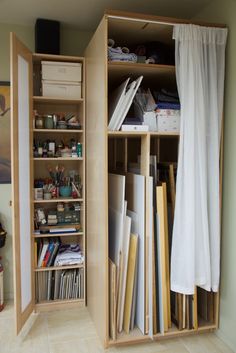 an open bookcase filled with lots of books