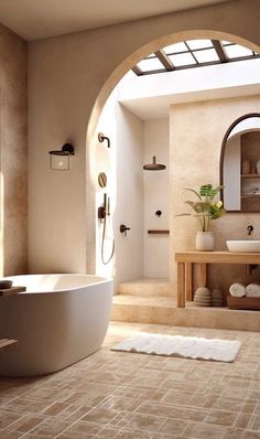 a large white bath tub sitting next to a sink in a bathroom under a window