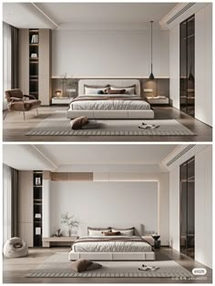 two pictures of a modern bedroom with white furniture