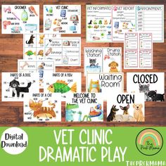 vet clinic dramatic play with pictures and text on the front, along with an image of dogs