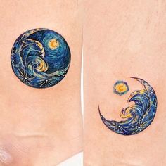 two tattoos on the legs of people with blue and yellow designs, one has a crescent moon