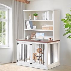 a dog in a cage on top of a desk next to a potted plant