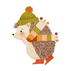 an illustration of a hedge wearing a knitted hat and scarf with pom - poms