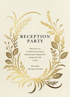 a white and gold reception card with an elegant wreath design on the front, in black ink