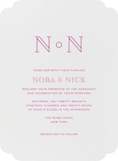 a white and pink wedding card with the letter nn on it's front