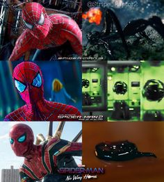 the amazing spider - man 2 character collage is shown in three different pictures, one with