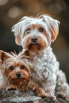 two small dogs sitting on top of a rock