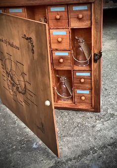 a wooden cabinet with drawers and labels on the doors is opened to reveal an informational drawing