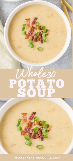 two bowls of potato soup with bacon and green onions