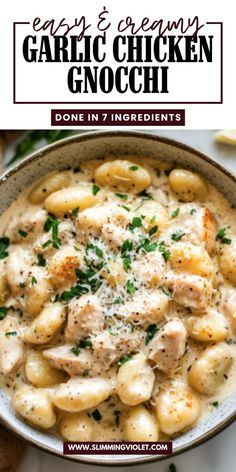 a bowl filled with chicken gnocchini and garnished with parmesan cheese